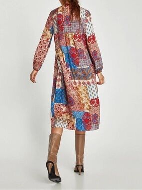 Zara Women’s Long Sleeve Multicolor Patchwork Midi Dress with Velvet Trim Size M